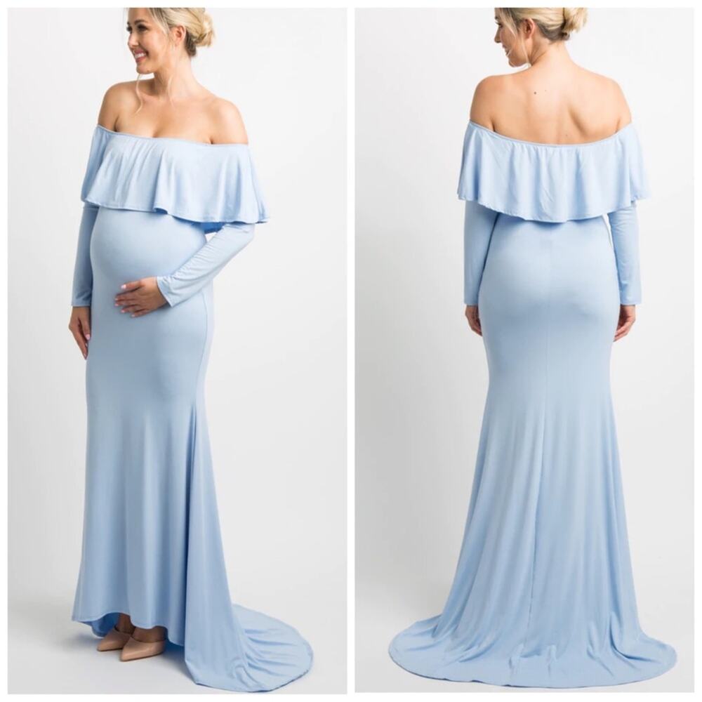 PinkBlush Light Blue Off Shoulder Ruffle Maternity Photoshoot Gown/Dress, size L